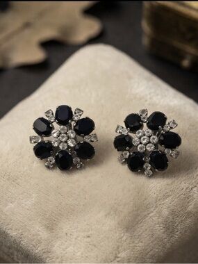 Vintage AUSTRIA Black & Clear Crystal Floral Statement Clip-On Earrings